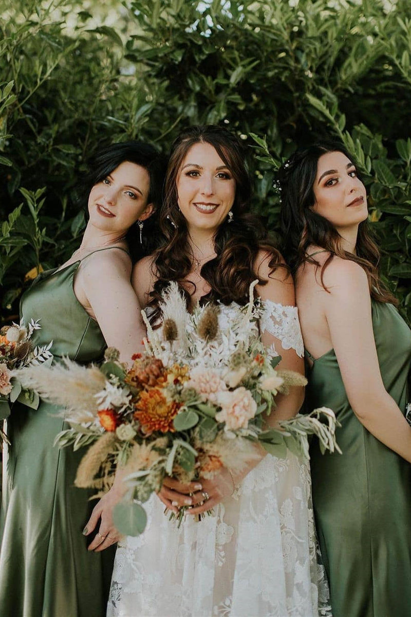 Olive Green Long Bridesmaid Dress with Criss Cross Straps