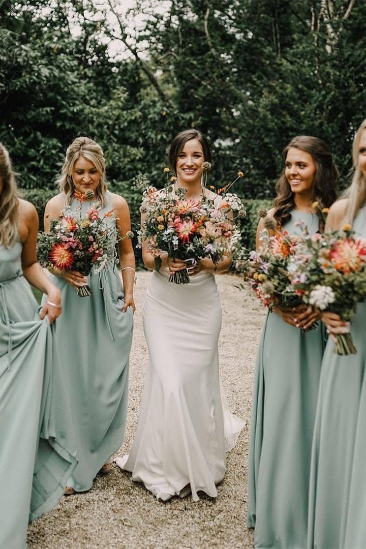 Sage Bridesmaid Dresses Sage Green Vintage Dress Crew Neck A-Line