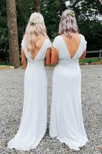 White Crew Neck Long Bridesmaid Dress with Sash