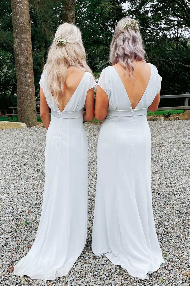 White Crew Neck Long Bridesmaid Dress with Sash