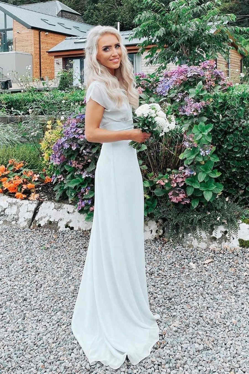 White Crew Neck Long Bridesmaid Dress with Sash