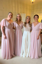 Pink A-Line V-neck Chiffon Long Bridesmaid Dress