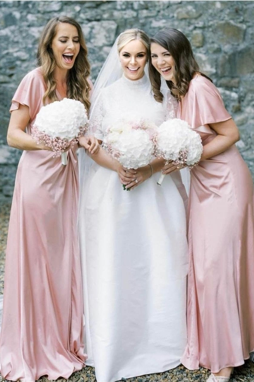 Floor Length Pink V-Neck Bridesmaid Dress