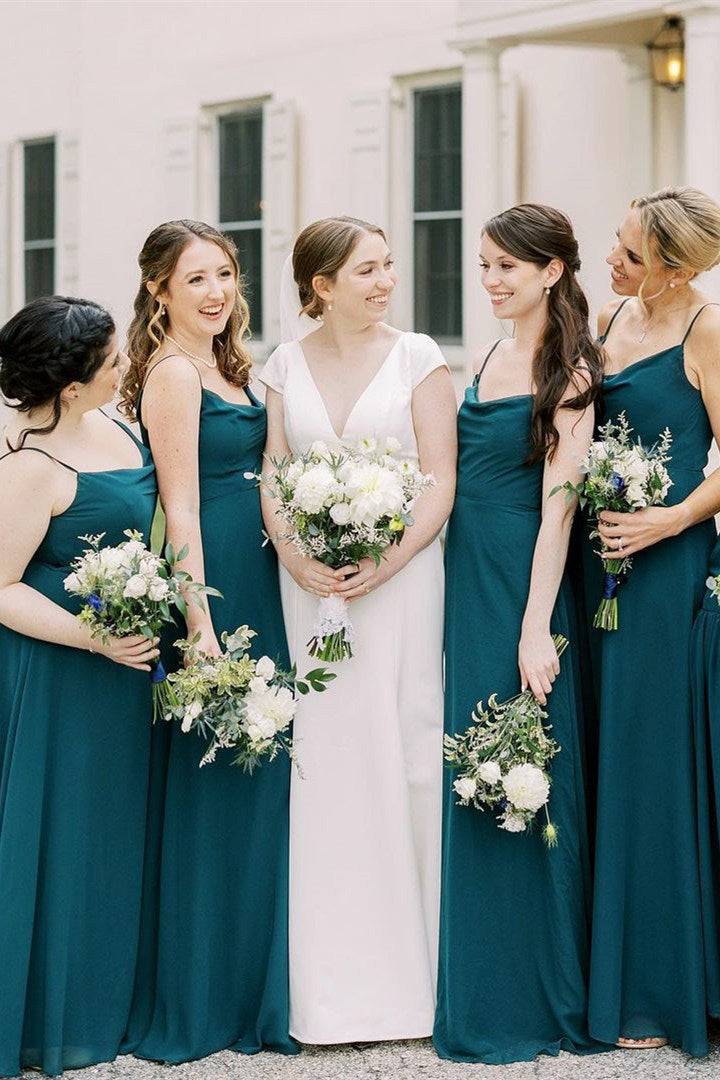 Simple Cowl Neck Teal Long Bridesmaid Dress