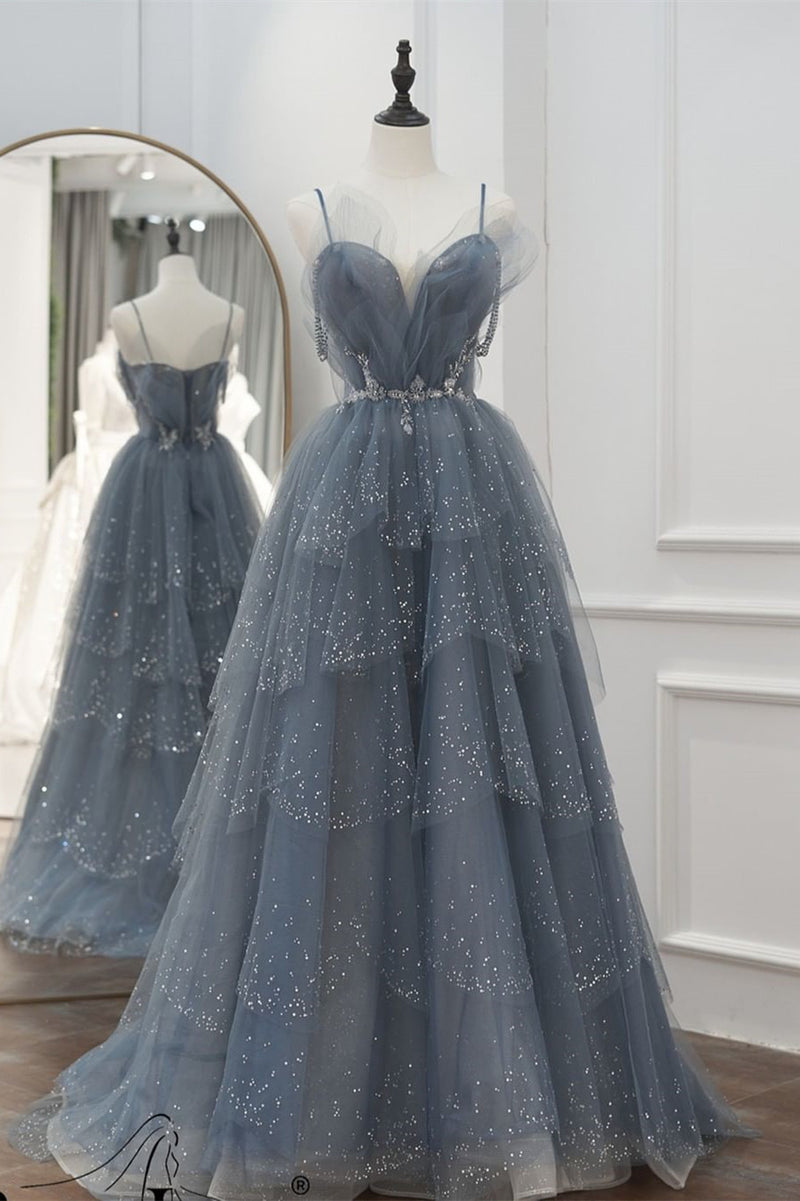 A-Line Princess Dusty Blue Beaded Long Formal Dress