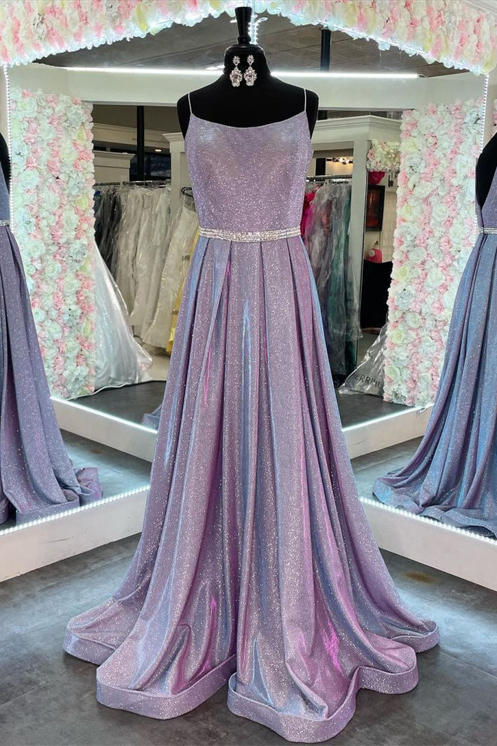 Stunning A-Line Lilac Prom Dress with Beaded Belt