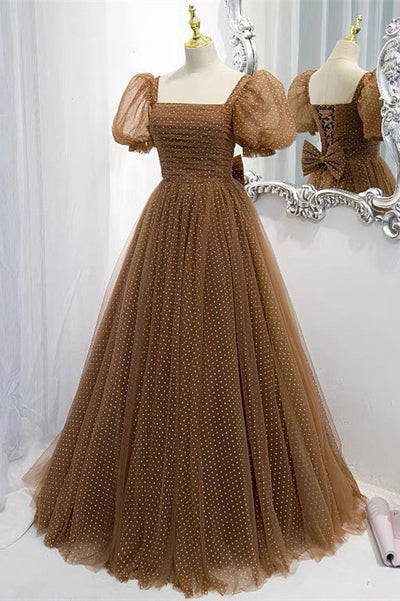 Brown Short Sleeve Long Formal Dress with White Dots