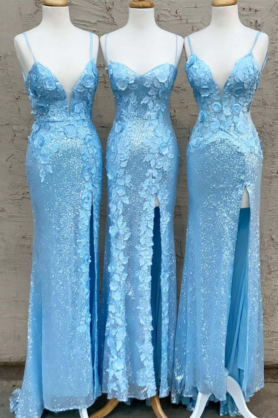 Glitter Sky Blue Sequins Long Prom Dress with Flower Appliques