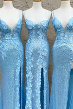 Glitter Sky Blue Sequins Long Prom Dress with Flower Appliques
