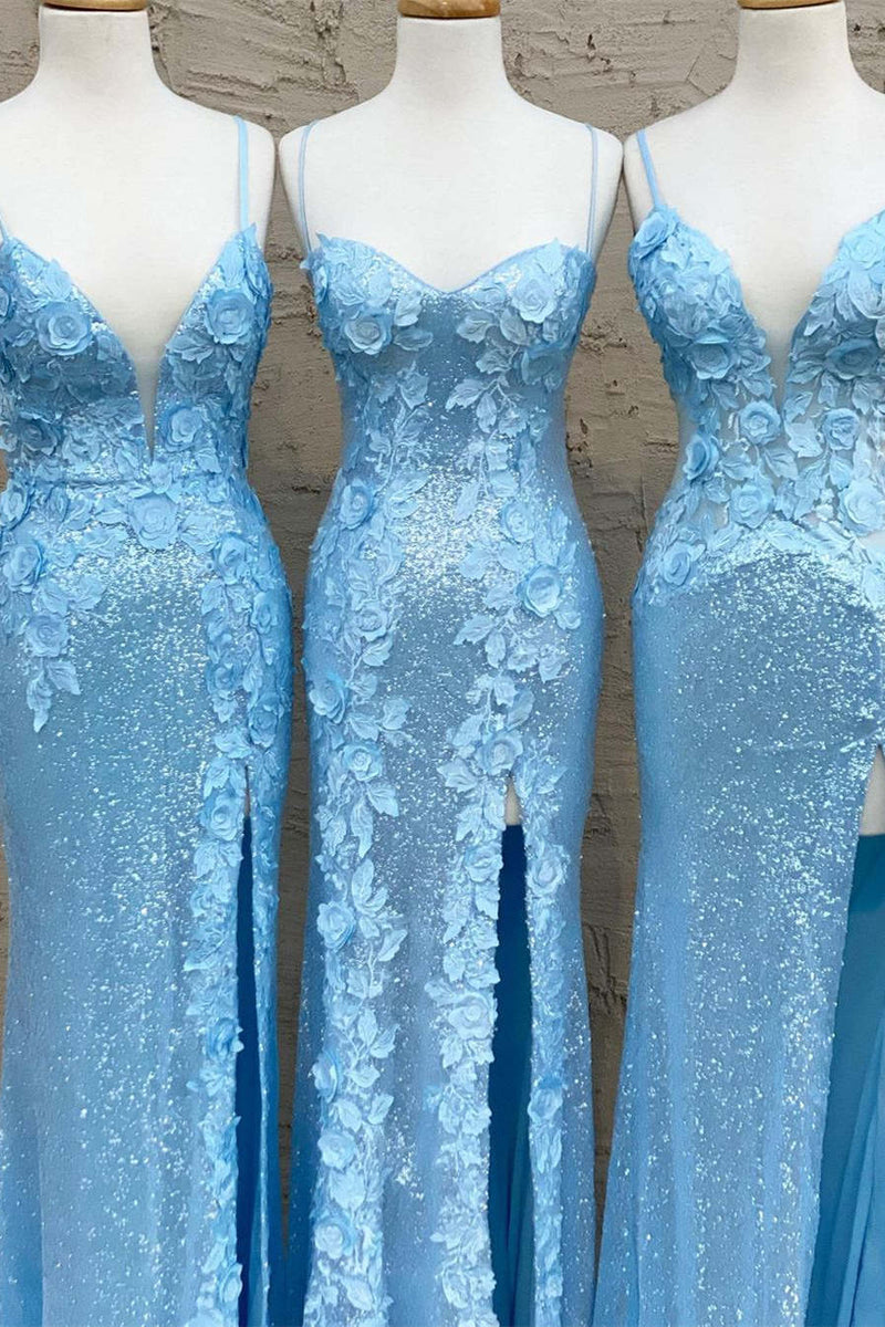 Glitter Sky Blue Sequins Long Prom Dress with Flower Appliques
