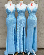 Glitter Sky Blue Sequins Long Prom Dress with Flower Appliques
