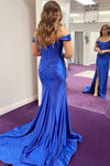 Off the Shoulder Royal Blue Prom Dress with Train