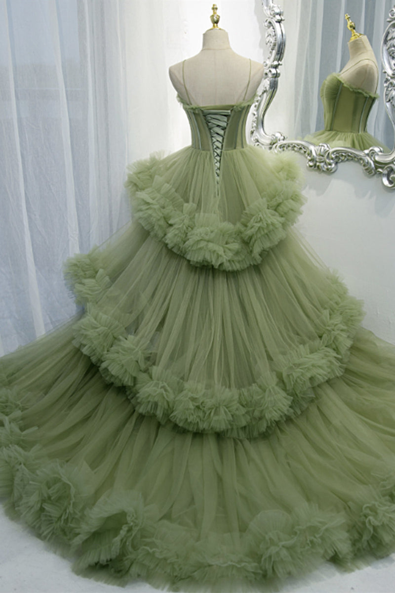 Elegant Straps Pleated Green Tiered Tulle Formal Dress