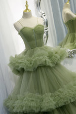 Elegant Straps Pleated Green Tiered Tulle Formal Dress