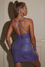 Glitter Tight V-Neck Purple Mini Dress