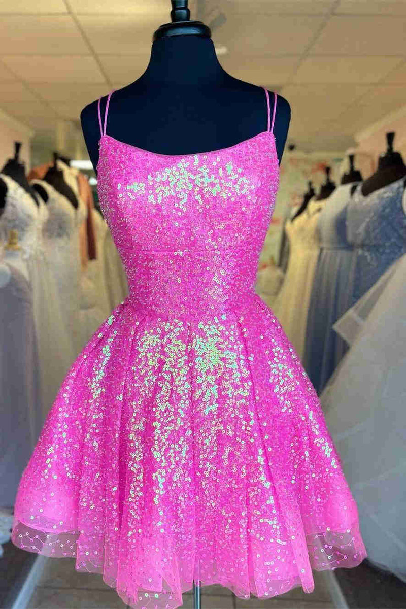 Cute Hot Pink Sequins A-Line Homecoming Dress