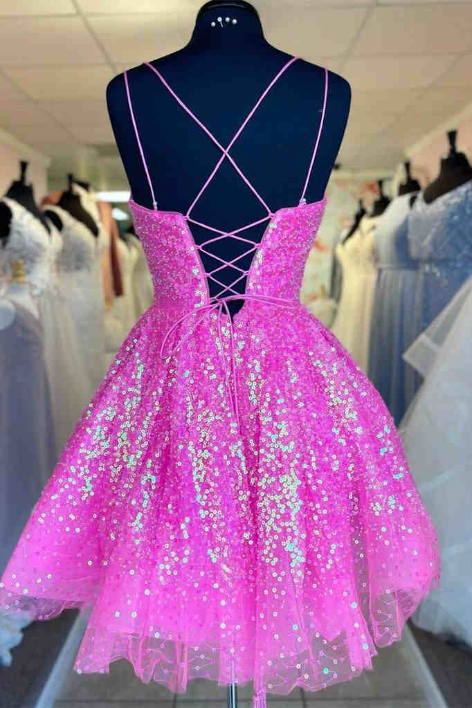 Cute Hot Pink Sequins A-Line Homecoming Dress