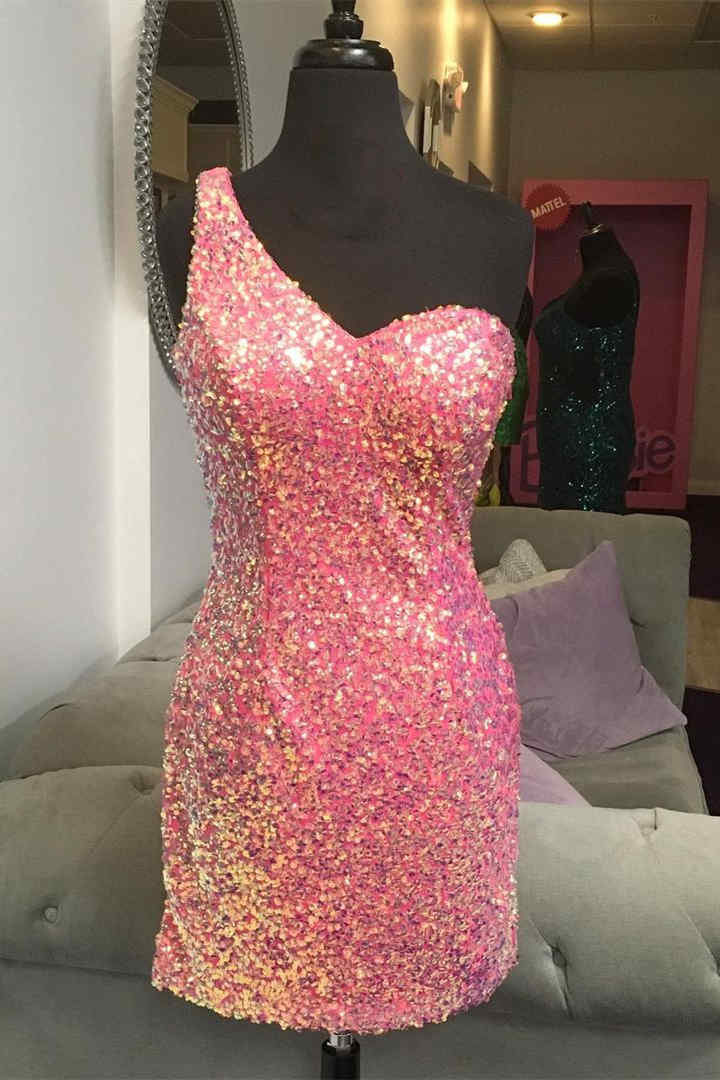 Short One Shoulder Pink Sequins Homecoming Dress