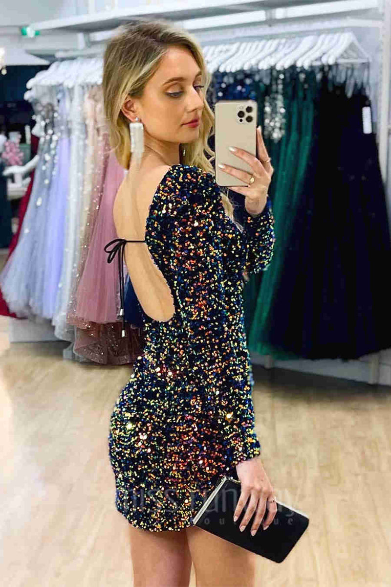 Backless Navy Blue Sequins Short Party Dress