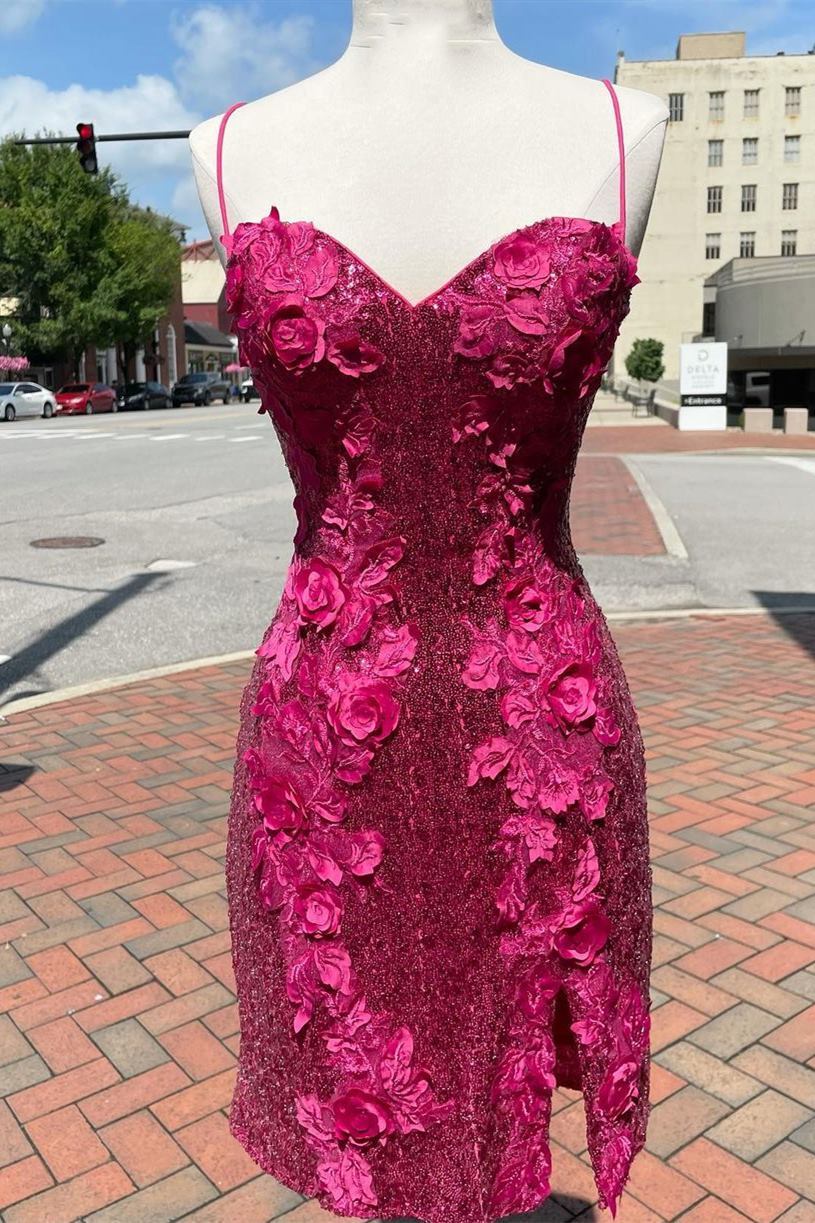 Teal Sequined Short Homecoming Dress with Flowers