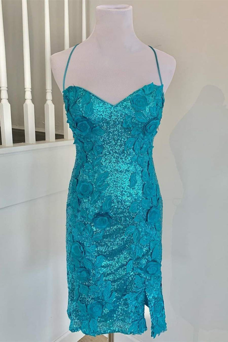 Teal Sequined Short Homecoming Dress with Flowers