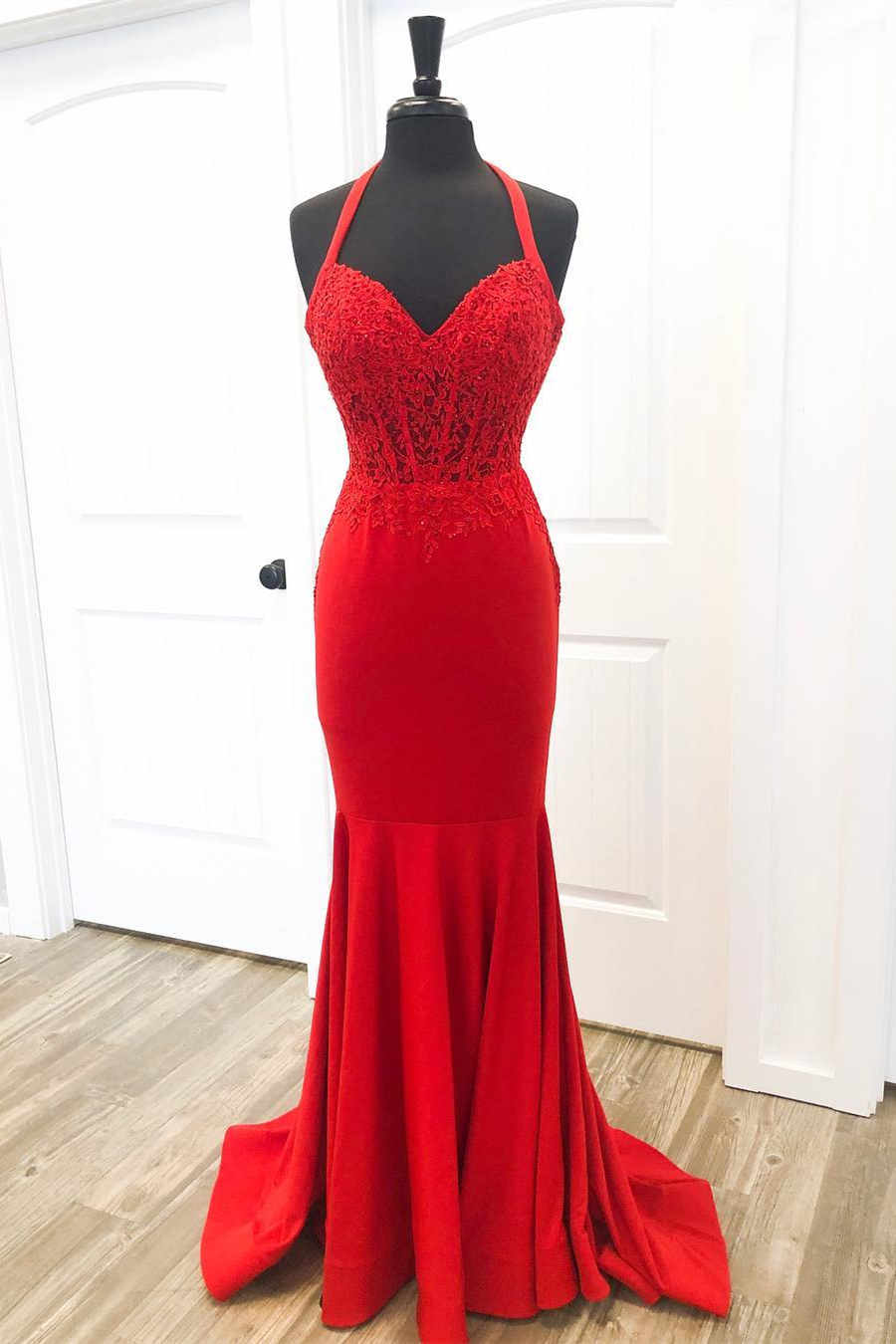 fitted lace wedding dress Red Prom Dress Halter V-Neck Trumpet/Mermaid High Waist Ruched Prom Dress  With Slit main image 0