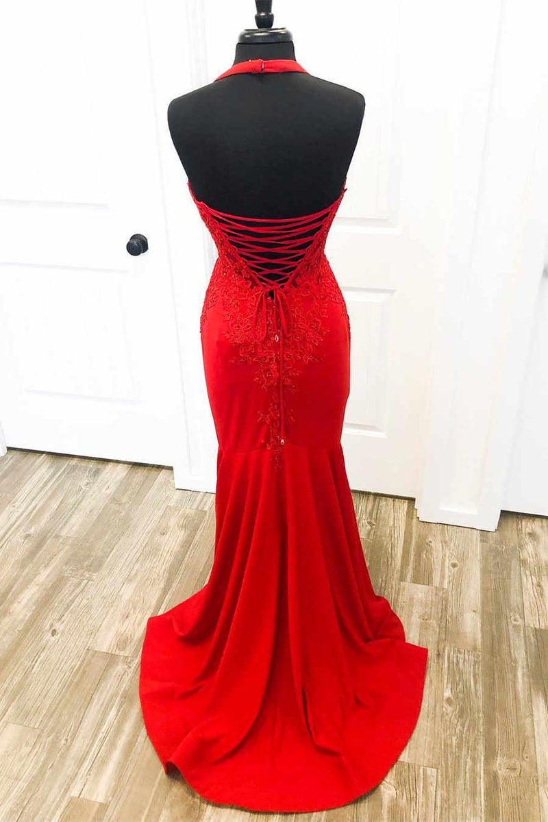 Elegant Red Halter Mermaid Prom Dress with Appliques