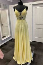Spaghetti Straps Yellow Chiffon Prom Dress with Appliques