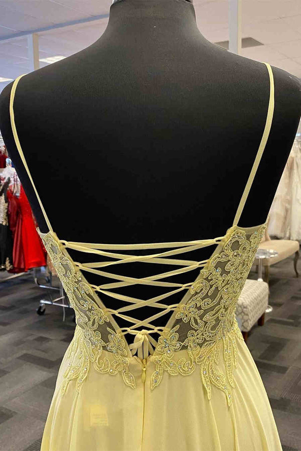 Spaghetti Straps Yellow Chiffon Prom Dress with Appliques