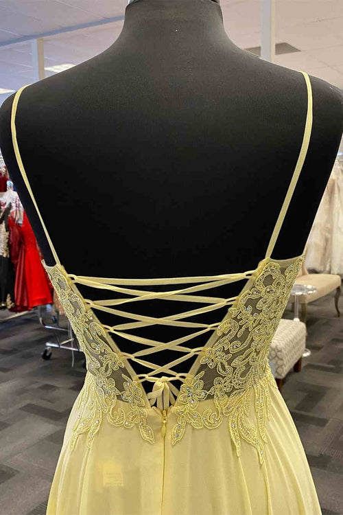 Spaghetti Straps Yellow Chiffon Prom Dress with Appliques