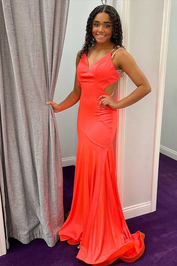 Criss Cross Straps Coral Long Prom Dress FancyVestido Criss Cross Straps Coral Long Prom Dress FancyVestido