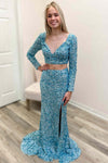 Two Piece Tiffany Blue Prom Dress with Long Sleeves