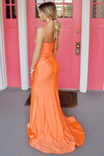 Side Slit Orange Pleated Long Prom Gown
