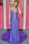 V-Neck Lilac Beaded Prom Dress with Sweep Train