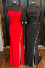 Simple Red Straps Prom Dress with Front Slit