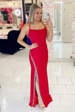 Simple Red Straps Prom Dress with Front Slit