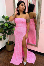 Strapless Pink Sequins Prom Dress with Slit