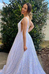 Glitter V-Neck White A-Line Prom Dress with Pockets