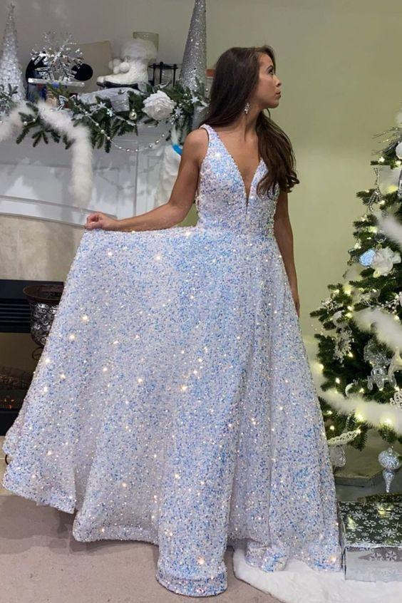 Glitter V-Neck White A-Line Prom Dress with Pockets FancyVestido Glitter V-Neck White A-Line Prom Dress with Pockets FancyVestido