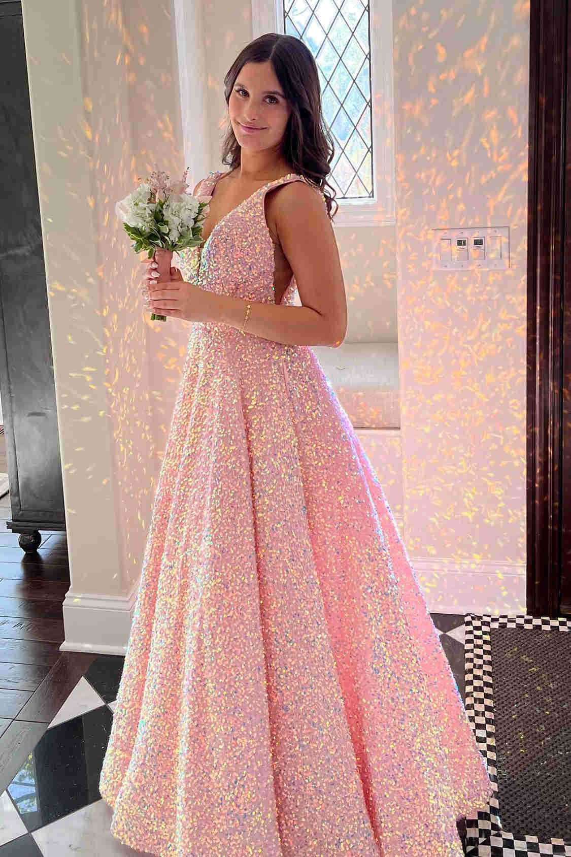 Glitter V-Neck White A-Line Prom Dress with Pockets FancyVestido Glitter V-Neck White A-Line Prom Dress with Pockets FancyVestido