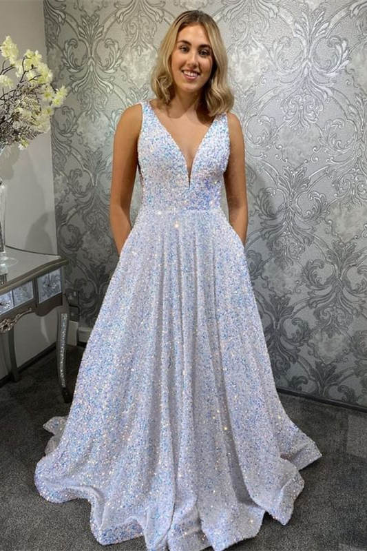 Glitter V-Neck White A-Line Prom Dress with Pockets FancyVestido Glitter V-Neck White A-Line Prom Dress with Pockets FancyVestido