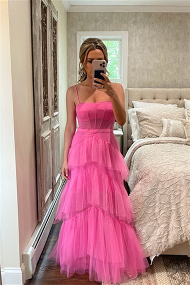 Princess Hot Pink Tiered Tulle Prom Dress FancyVestido Princess Hot Pink Tiered Tulle Prom Dress FancyVestido