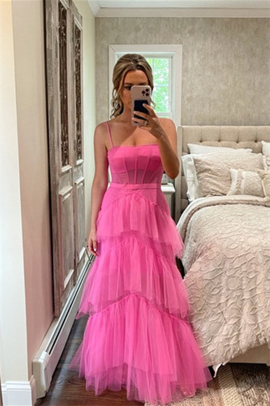Princess Hot Pink Tiered Tulle Prom Dress