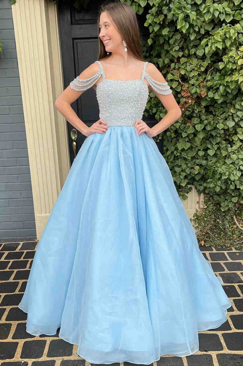Cold Shoulder Light Blue Beaded Long Formal Dress FancyVestido Cold Shoulder Light Blue Beaded Long Formal Dress FancyVestido