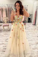 Gorgeous V-Neck Floral Long Formal Dress with Embroidery
