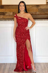 Elegant Hot Pink Sequins Long Prom Dress with One Shoulder