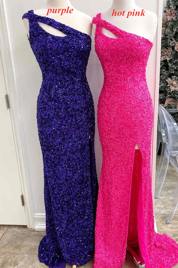 open lace back dress Elegant Hot Pink Sequins Long Prom Dress with One Shoulder – FancyVestido