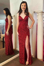 Glitter Red V-Neck Long Prom Dress with Tassel