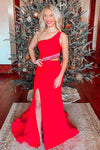Two Piece One Shoulder Red Long Prom Dress with Tassel