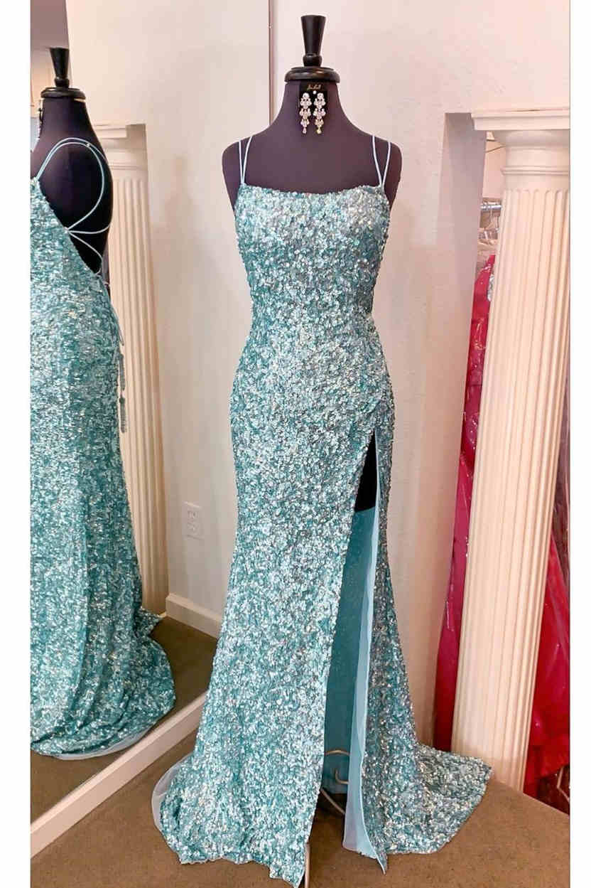 Sparkle Tiffany Blue Sequins Long Prom Dress with Slit FancyVestido Sparkle Tiffany Blue Sequins Long Prom Dress with Slit FancyVestido